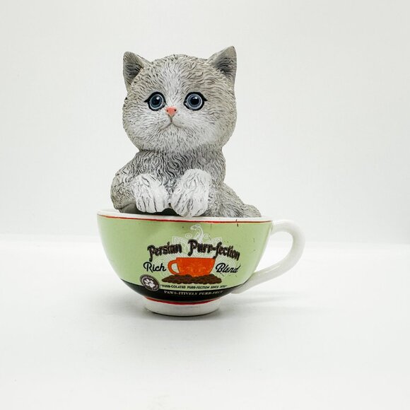 Hamilton Collection Kayomi Harai Coffee Cat Persian Kitten Cats Green - Picture 1 of 6